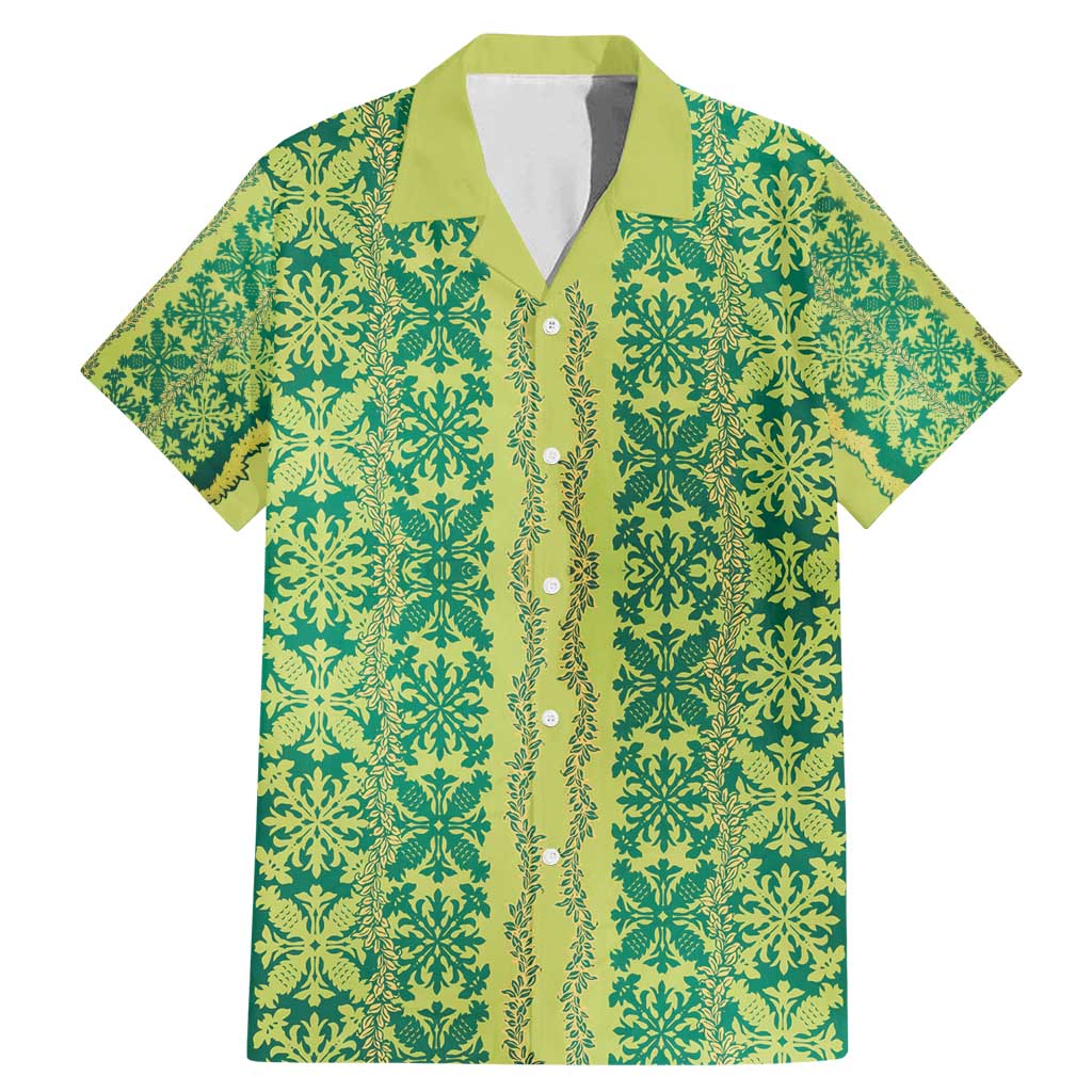 Hawaii Lei with Tribal Quilt Motif Family Matching Mermaid Dress and Hawaiian Shirt LT9 Dad's Shirt - Short Sleeve Green - Polynesian Pride
