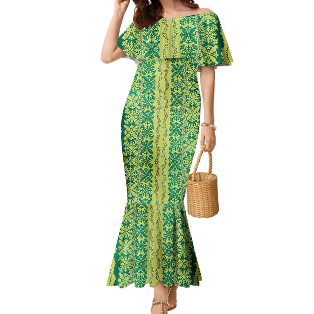 Hawaii Lei with Tribal Quilt Motif Family Matching Mermaid Dress and Hawaiian Shirt LT9 Mom's Dress Green - Polynesian Pride