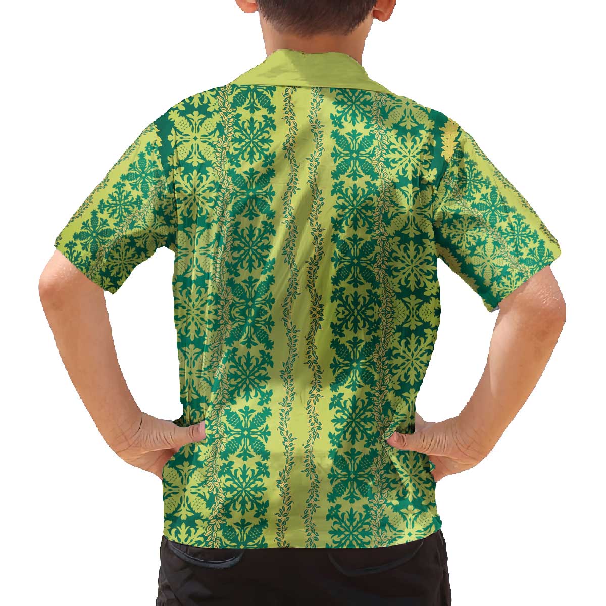 Hawaii Lei with Tribal Quilt Motif Family Matching Off The Shoulder Long Sleeve Dress and Hawaiian Shirt LT9 - Polynesian Pride