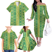 Hawaii Lei with Tribal Quilt Motif Family Matching Off The Shoulder Long Sleeve Dress and Hawaiian Shirt LT9 - Polynesian Pride