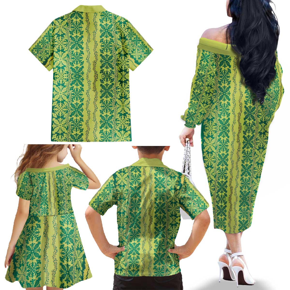 Hawaii Lei with Tribal Quilt Motif Family Matching Off The Shoulder Long Sleeve Dress and Hawaiian Shirt LT9 - Polynesian Pride