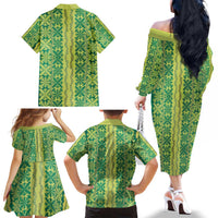 Hawaii Lei with Tribal Quilt Motif Family Matching Off The Shoulder Long Sleeve Dress and Hawaiian Shirt LT9 - Polynesian Pride