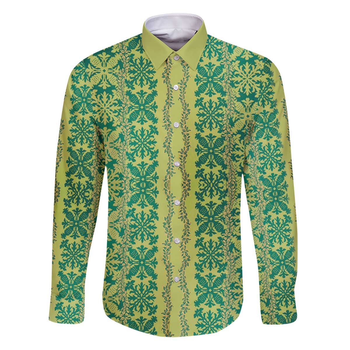 Hawaii Lei with Tribal Quilt Motif Family Matching Off The Shoulder Long Sleeve Dress and Hawaiian Shirt LT9 Dad's Shirt - Long Sleeve Green - Polynesian Pride