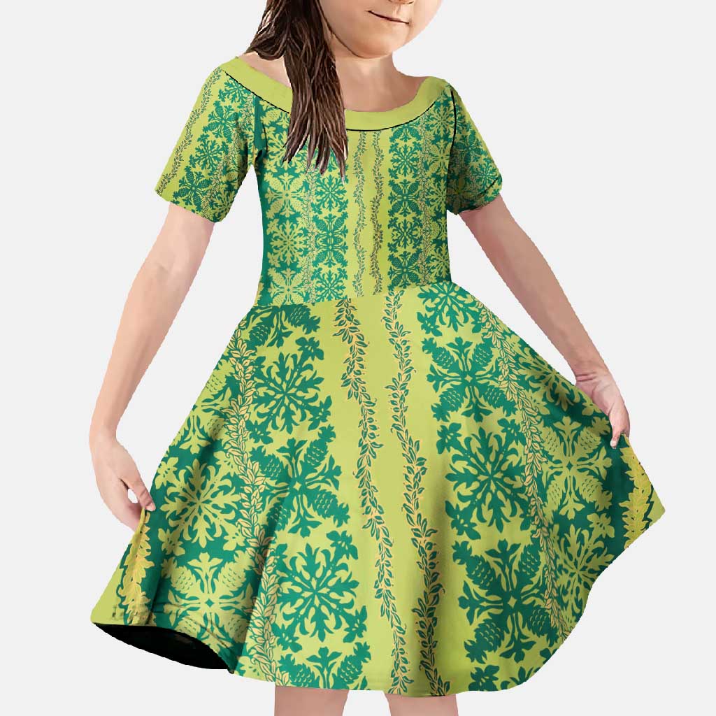 Hawaii Lei with Tribal Quilt Motif Family Matching Off Shoulder Maxi Dress and Hawaiian Shirt LT9 Daughter's Dress Green - Polynesian Pride