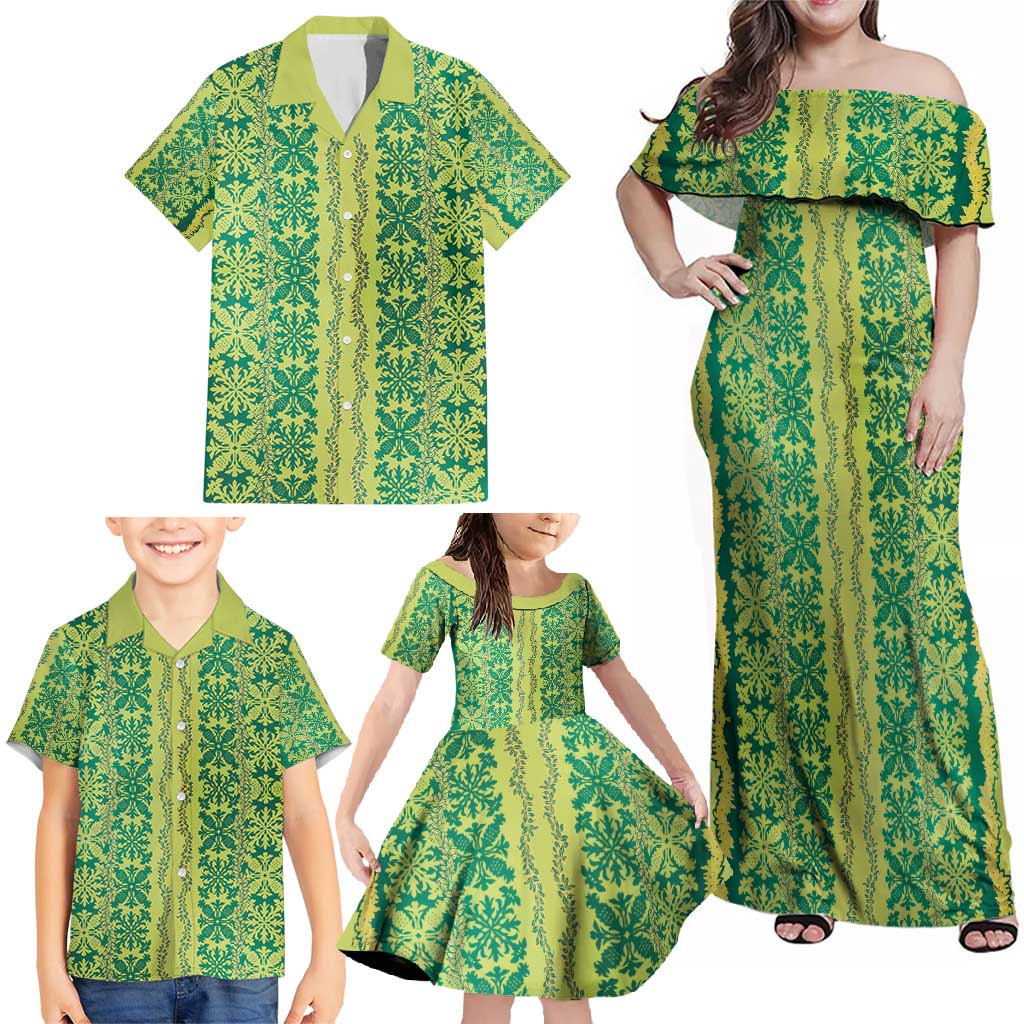 Hawaii Lei with Tribal Quilt Motif Family Matching Off Shoulder Maxi Dress and Hawaiian Shirt LT9 - Polynesian Pride