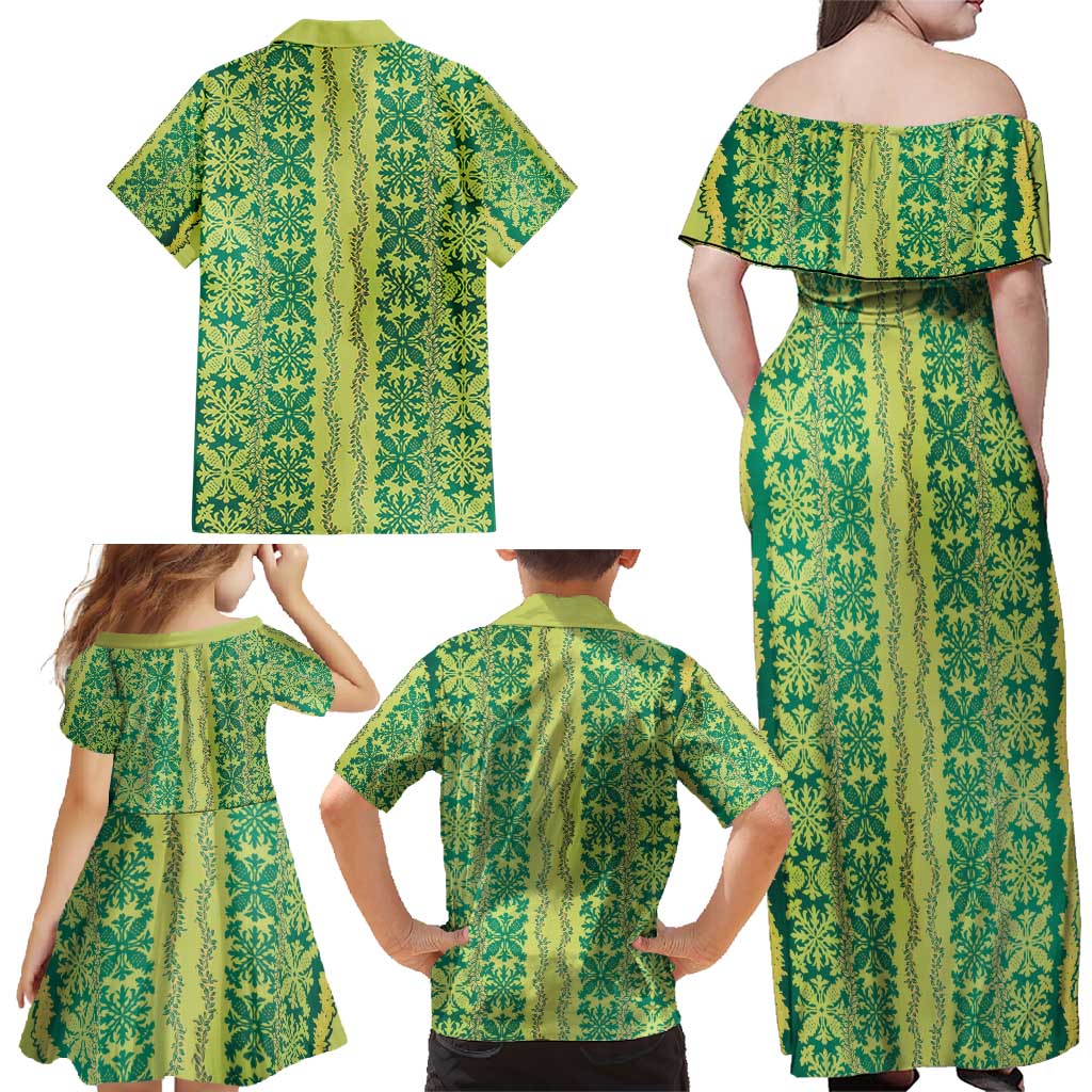 Hawaii Lei with Tribal Quilt Motif Family Matching Off Shoulder Maxi Dress and Hawaiian Shirt LT9 - Polynesian Pride