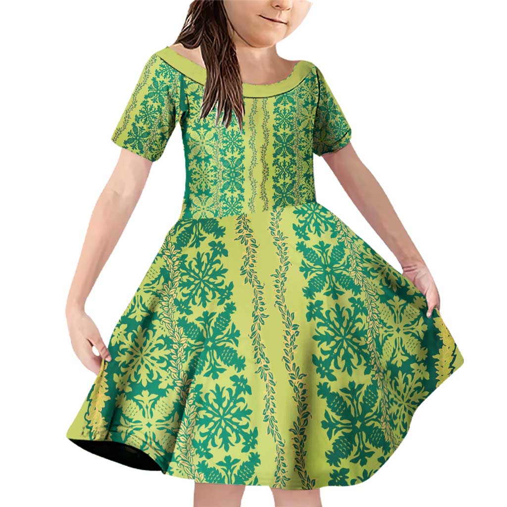 Hawaii Lei with Tribal Quilt Motif Family Matching Off Shoulder Short Dress and Hawaiian Shirt LT9 Daughter's Dress Green - Polynesian Pride