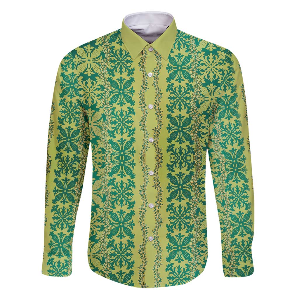 Hawaii Lei with Tribal Quilt Motif Family Matching Off Shoulder Short Dress and Hawaiian Shirt LT9 Dad's Shirt - Long Sleeve Green - Polynesian Pride