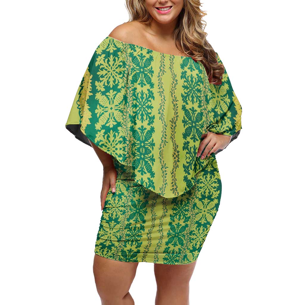 Hawaii Lei with Tribal Quilt Motif Family Matching Off Shoulder Short Dress and Hawaiian Shirt LT9 Mom's Dress Green - Polynesian Pride