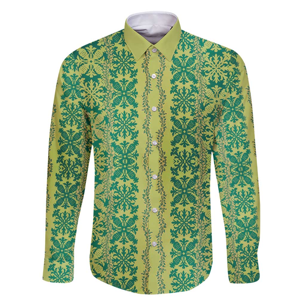 Hawaii Lei with Tribal Quilt Motif Family Matching Puletasi and Hawaiian Shirt LT9 Dad's Shirt - Long Sleeve Green - Polynesian Pride