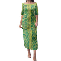 Hawaii Lei with Tribal Quilt Motif Family Matching Puletasi and Hawaiian Shirt LT9 Mom's Dress Green - Polynesian Pride
