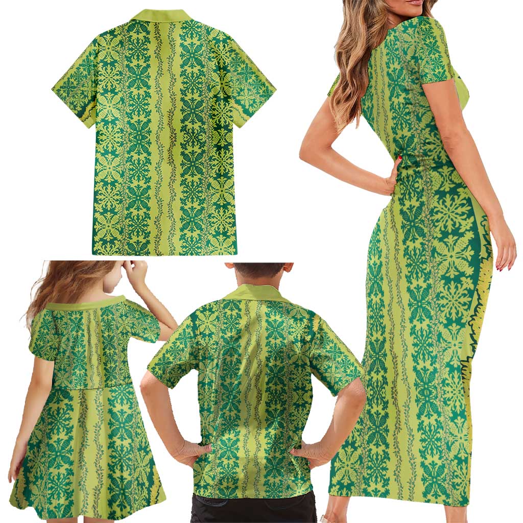 Hawaii Lei with Tribal Quilt Motif Family Matching Short Sleeve Bodycon Dress and Hawaiian Shirt LT9 - Polynesian Pride