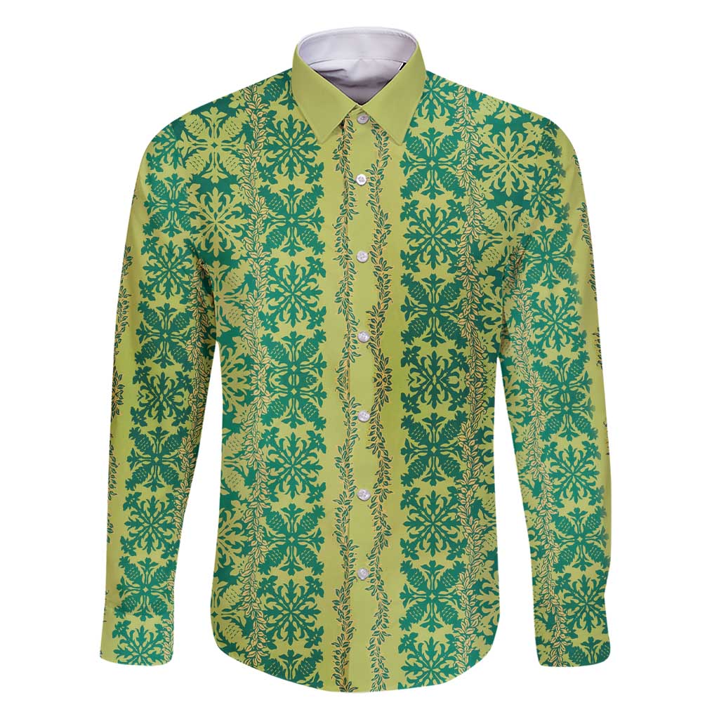 Hawaii Lei with Tribal Quilt Motif Family Matching Short Sleeve Bodycon Dress and Hawaiian Shirt LT9 Dad's Shirt - Long Sleeve Green - Polynesian Pride
