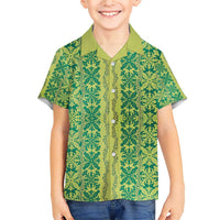 Hawaii Lei with Tribal Quilt Motif Family Matching Short Sleeve Bodycon Dress and Hawaiian Shirt LT9 Son's Shirt Green - Polynesian Pride