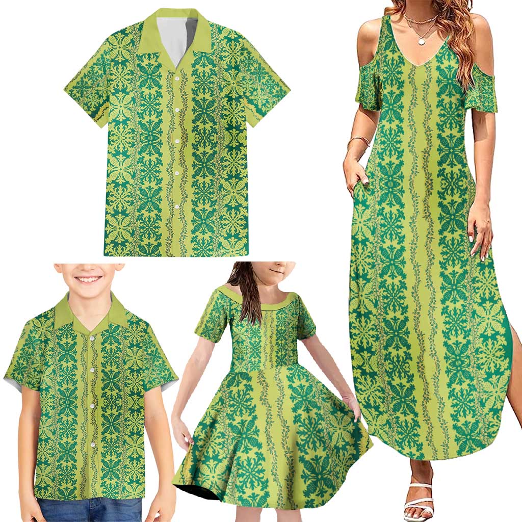 Hawaii Lei with Tribal Quilt Motif Family Matching Summer Maxi Dress and Hawaiian Shirt LT9 - Polynesian Pride