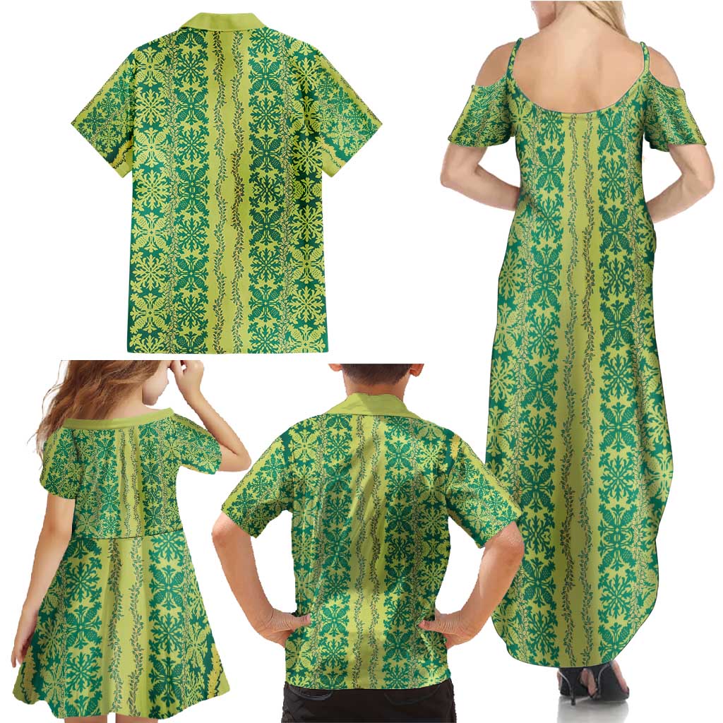 Hawaii Lei with Tribal Quilt Motif Family Matching Summer Maxi Dress and Hawaiian Shirt LT9 - Polynesian Pride