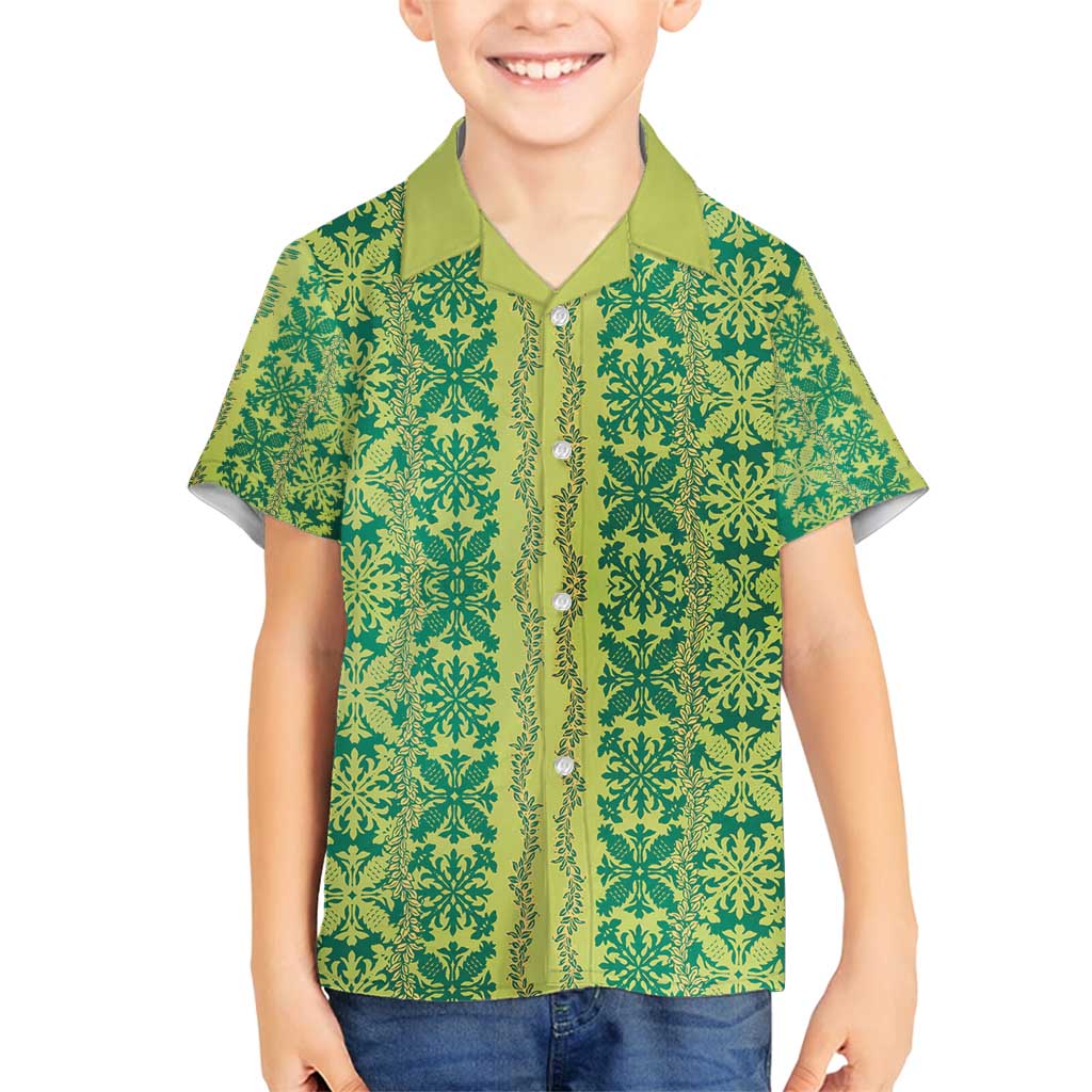 Hawaii Lei with Tribal Quilt Motif Family Matching Summer Maxi Dress and Hawaiian Shirt LT9 Son's Shirt Green - Polynesian Pride