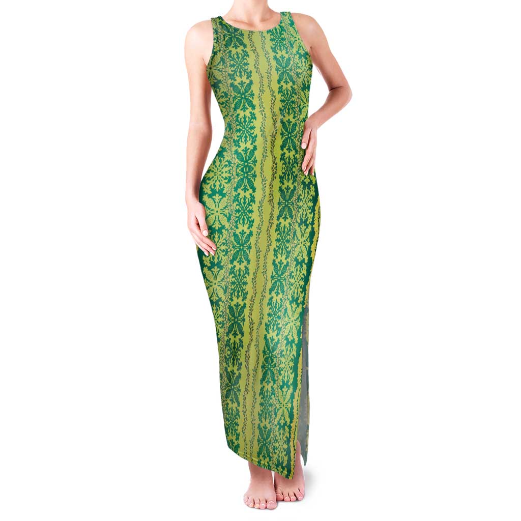 Hawaii Lei with Tribal Quilt Motif Family Matching Tank Maxi Dress and Hawaiian Shirt LT9 Mom's Dress Green - Polynesian Pride
