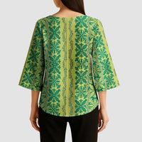 Hawaii Lei with Tribal Quilt Motif Kimono Sleeve Blouse - Polynesian Pride