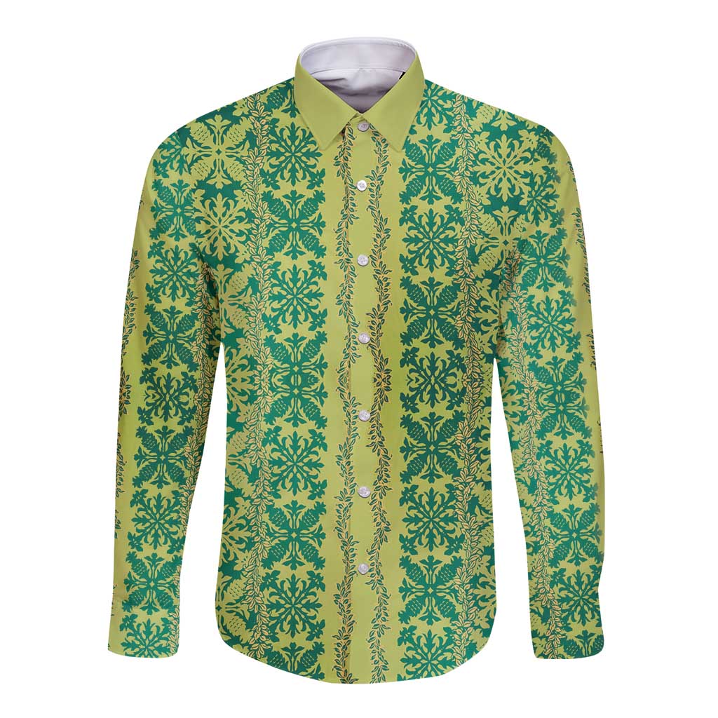 Hawaii Lei with Tribal Quilt Motif Long Sleeve Button Shirt LT9 Unisex Green - Polynesian Pride