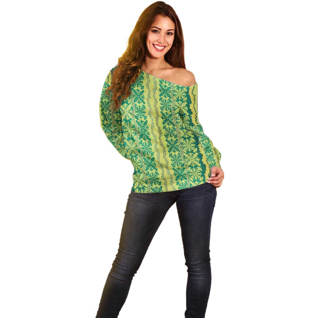 Hawaii Lei with Tribal Quilt Motif Off Shoulder Sweater