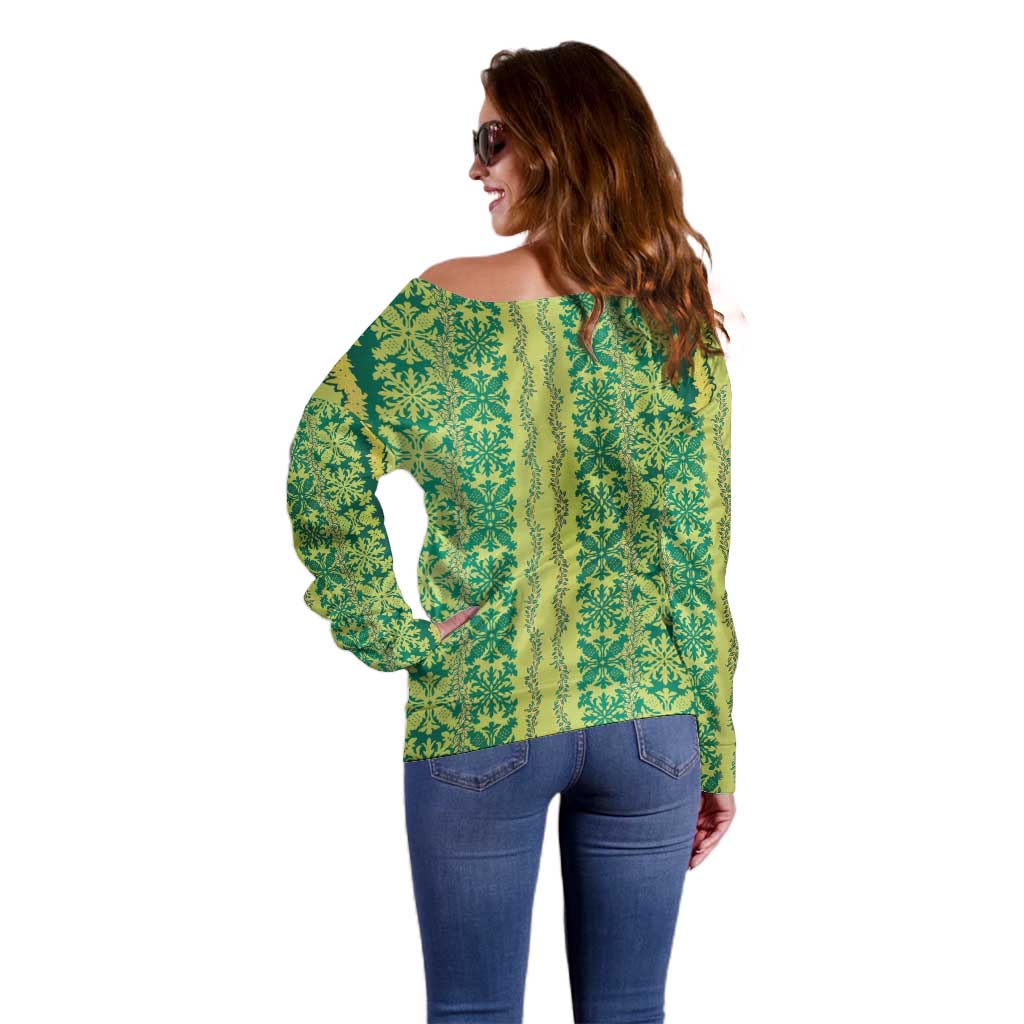 Hawaii Lei with Tribal Quilt Motif Off Shoulder Sweater