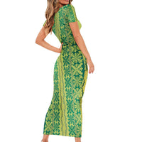 Hawaii Lei with Tribal Quilt Motif Short Sleeve Bodycon Dress