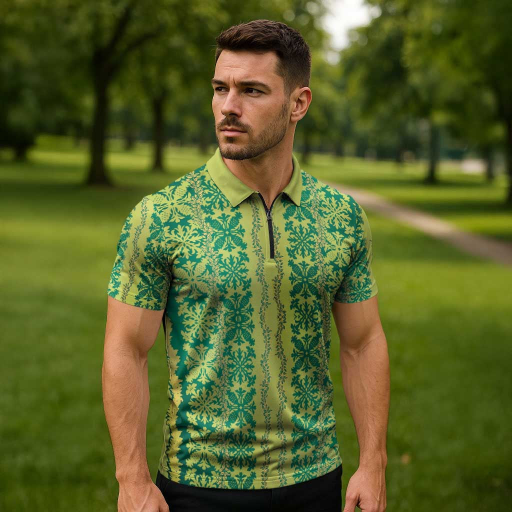 Hawaii Lei with Tribal Quilt Motif Zipper Polo Shirt - Polynesian Pride