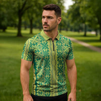 Hawaii Lei with Tribal Quilt Motif Zipper Polo Shirt - Polynesian Pride