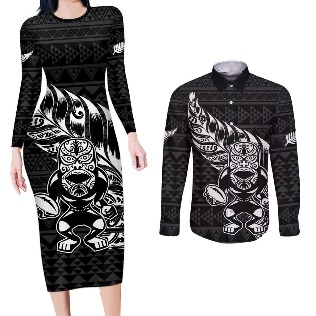 New Zealand Rugby Warrior Custom Couples Matching Long Sleeve Bodycon Dress and Long Sleeve Button Shirt Black Fern Taniko Motif LT9 Black - Polynesian Pride