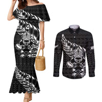 New Zealand Rugby Warrior Custom Couples Matching Mermaid Dress and Long Sleeve Button Shirt Black Fern Taniko Motif LT9 Black - Polynesian Pride
