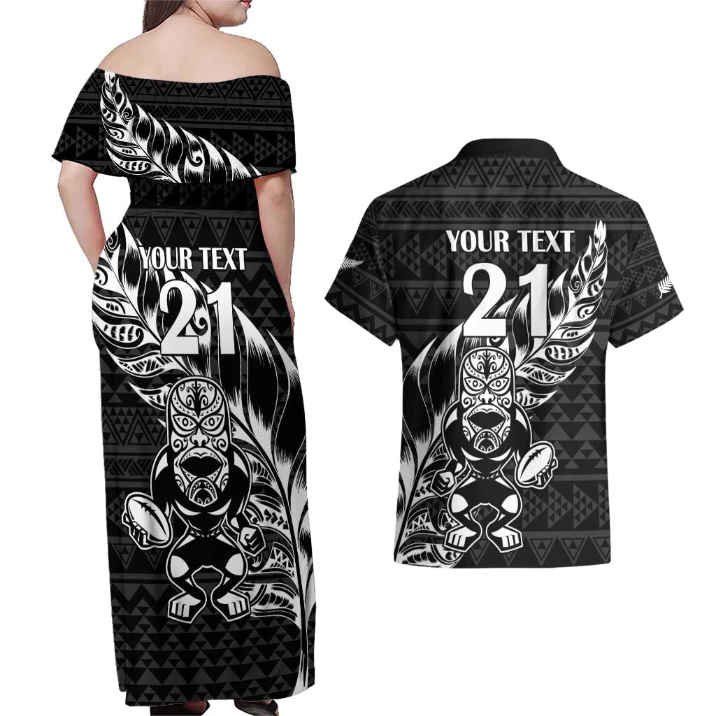 New Zealand Rugby Warrior Custom Couples Matching Off Shoulder Maxi Dress and Hawaiian Shirt Black Fern Taniko Motif LT9 - Polynesian Pride