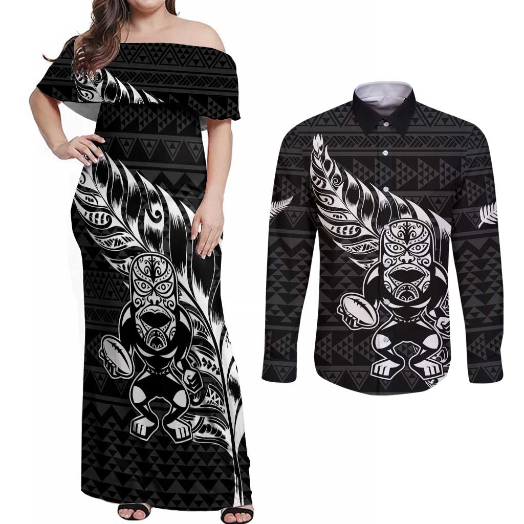New Zealand Rugby Warrior Custom Couples Matching Off Shoulder Maxi Dress and Long Sleeve Button Shirt Black Fern Taniko Motif LT9 Black - Polynesian Pride