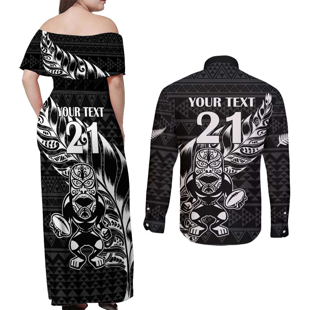 New Zealand Rugby Warrior Custom Couples Matching Off Shoulder Maxi Dress and Long Sleeve Button Shirt Black Fern Taniko Motif LT9 - Polynesian Pride