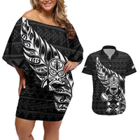 New Zealand Rugby Warrior Custom Couples Matching Off Shoulder Short Dress and Hawaiian Shirt Black Fern Taniko Motif LT9 Black - Polynesian Pride