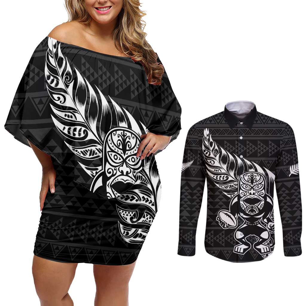 New Zealand Rugby Warrior Custom Couples Matching Off Shoulder Short Dress and Long Sleeve Button Shirt Black Fern Taniko Motif LT9 Black - Polynesian Pride