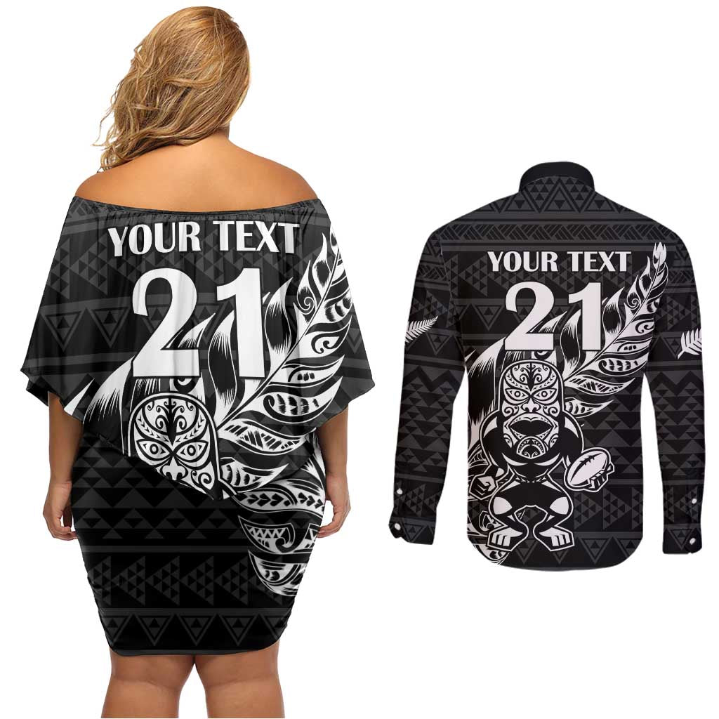 New Zealand Rugby Warrior Custom Couples Matching Off Shoulder Short Dress and Long Sleeve Button Shirt Black Fern Taniko Motif LT9 - Polynesian Pride