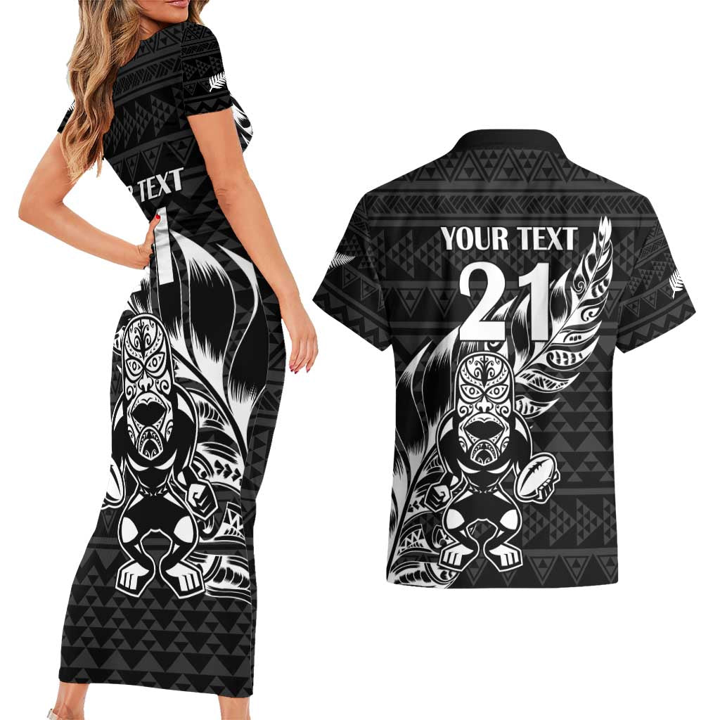 New Zealand Rugby Warrior Custom Couples Matching Short Sleeve Bodycon Dress and Hawaiian Shirt Black Fern Taniko Motif LT9 - Polynesian Pride