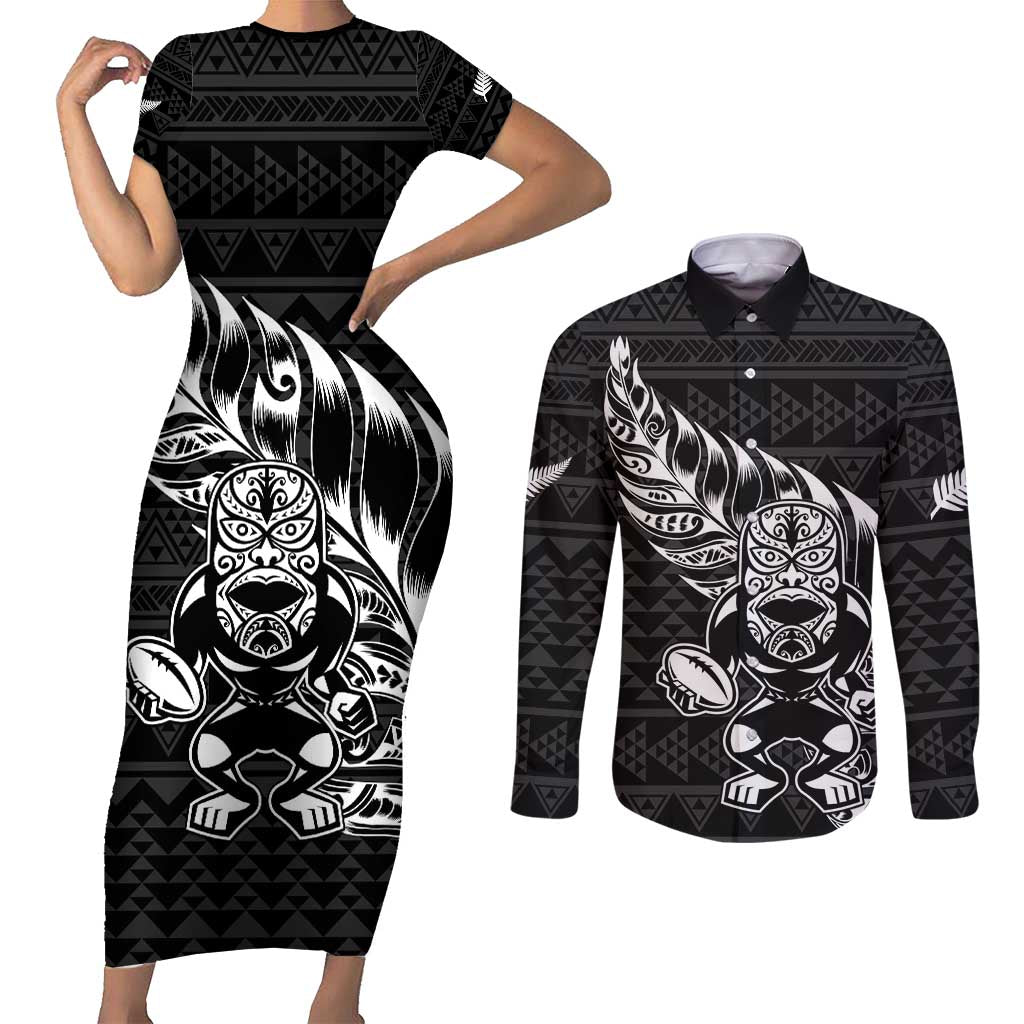 New Zealand Rugby Warrior Custom Couples Matching Short Sleeve Bodycon Dress and Long Sleeve Button Shirt Black Fern Taniko Motif LT9 Black - Polynesian Pride