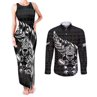 New Zealand Rugby Warrior Custom Couples Matching Tank Maxi Dress and Long Sleeve Button Shirt Black Fern Taniko Motif LT9 Black - Polynesian Pride