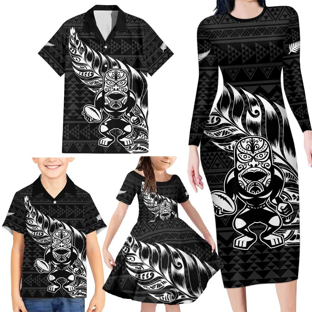 New Zealand Rugby Warrior Custom Family Matching Long Sleeve Bodycon Dress and Hawaiian Shirt Black Fern Taniko Motif LT9 - Polynesian Pride