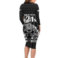 New Zealand Rugby Warrior Custom Family Matching Long Sleeve Bodycon Dress and Hawaiian Shirt Black Fern Taniko Motif LT9 - Polynesian Pride