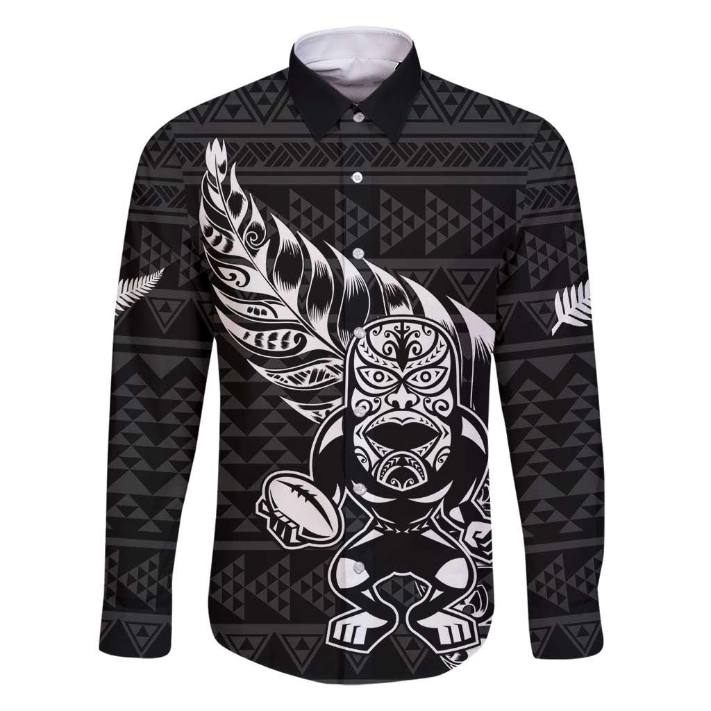 New Zealand Rugby Warrior Custom Family Matching Mermaid Dress and Hawaiian Shirt Black Fern Taniko Motif LT9 Dad's Shirt - Long Sleeve Black - Polynesian Pride
