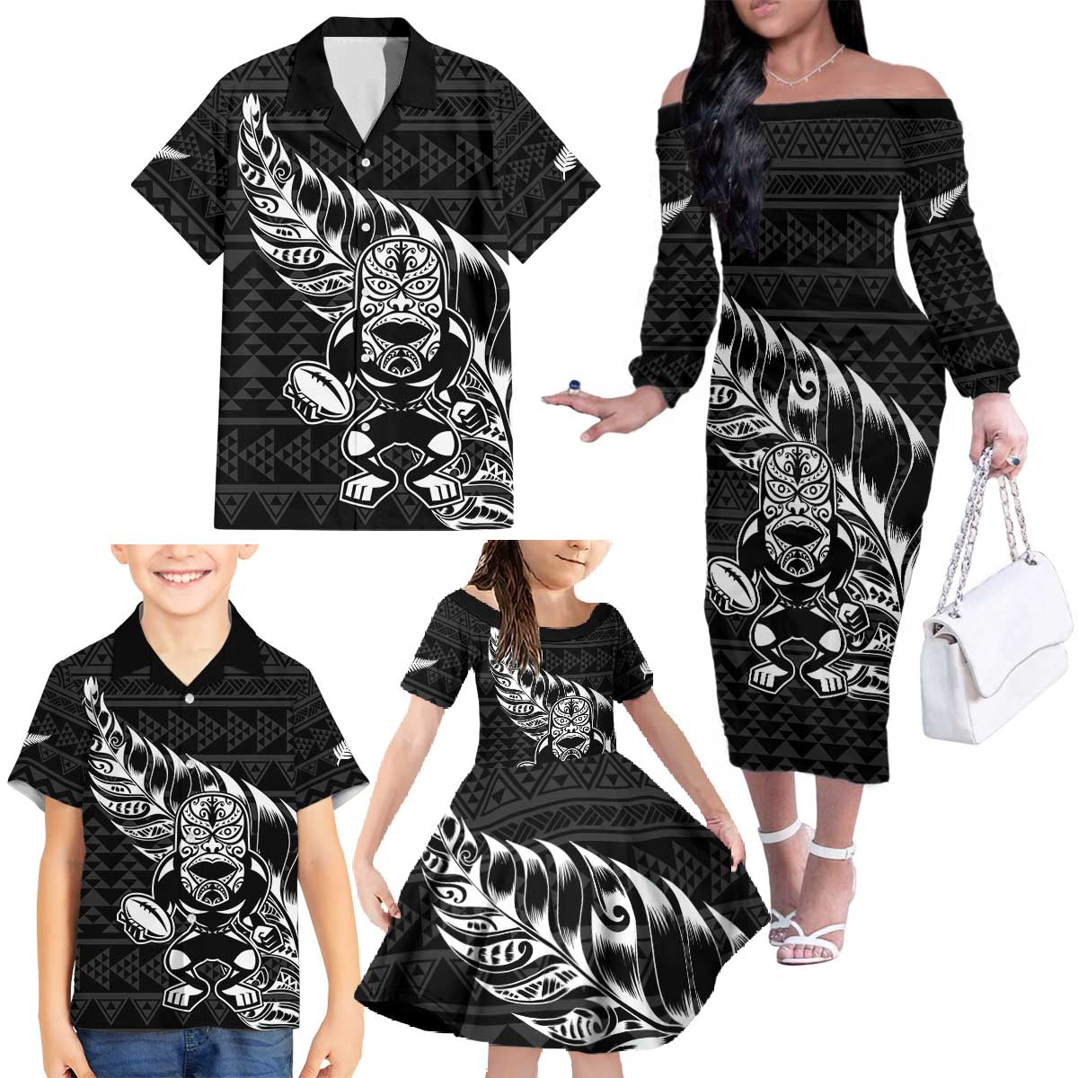 New Zealand Rugby Warrior Custom Family Matching Off The Shoulder Long Sleeve Dress and Hawaiian Shirt Black Fern Taniko Motif LT9 - Polynesian Pride