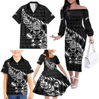New Zealand Rugby Warrior Custom Family Matching Off The Shoulder Long Sleeve Dress and Hawaiian Shirt Black Fern Taniko Motif LT9 - Polynesian Pride