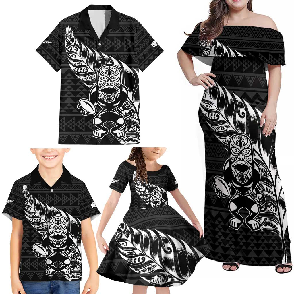 New Zealand Rugby Warrior Custom Family Matching Off Shoulder Maxi Dress and Hawaiian Shirt Black Fern Taniko Motif LT9 - Polynesian Pride