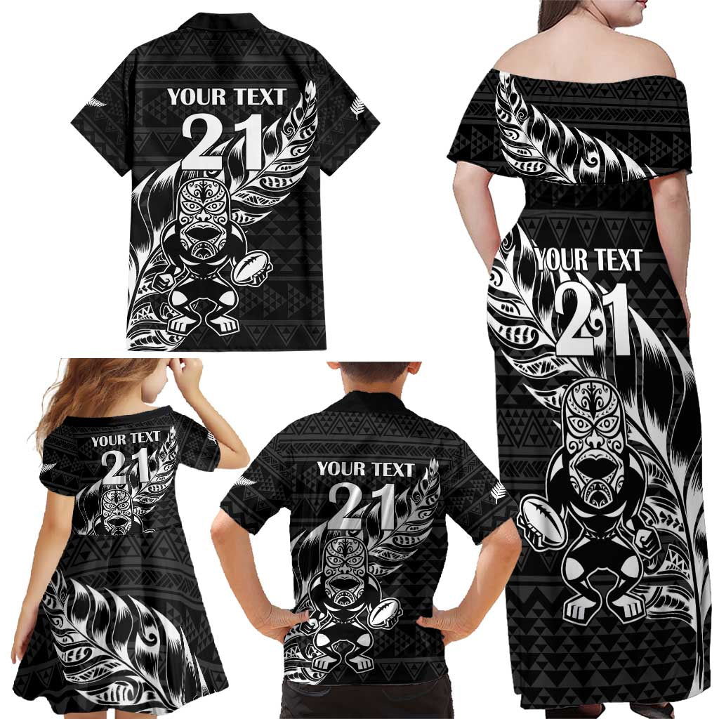 New Zealand Rugby Warrior Custom Family Matching Off Shoulder Maxi Dress and Hawaiian Shirt Black Fern Taniko Motif LT9 - Polynesian Pride