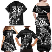 New Zealand Rugby Warrior Custom Family Matching Off Shoulder Maxi Dress and Hawaiian Shirt Black Fern Taniko Motif LT9 - Polynesian Pride