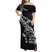 New Zealand Rugby Warrior Custom Family Matching Off Shoulder Maxi Dress and Hawaiian Shirt Black Fern Taniko Motif LT9 Mom's Dress Black - Polynesian Pride