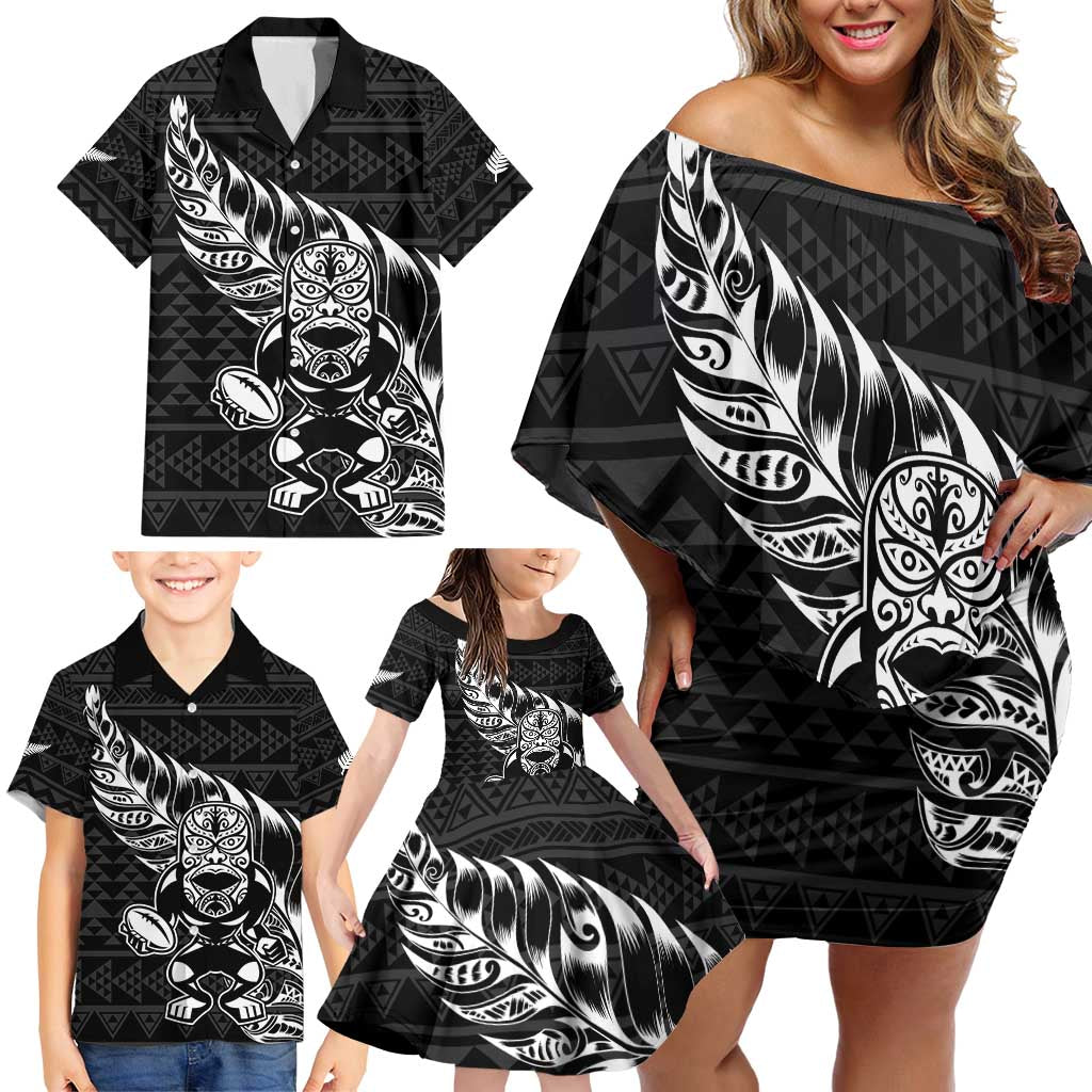 New Zealand Rugby Warrior Custom Family Matching Off Shoulder Short Dress and Hawaiian Shirt Black Fern Taniko Motif LT9 - Polynesian Pride